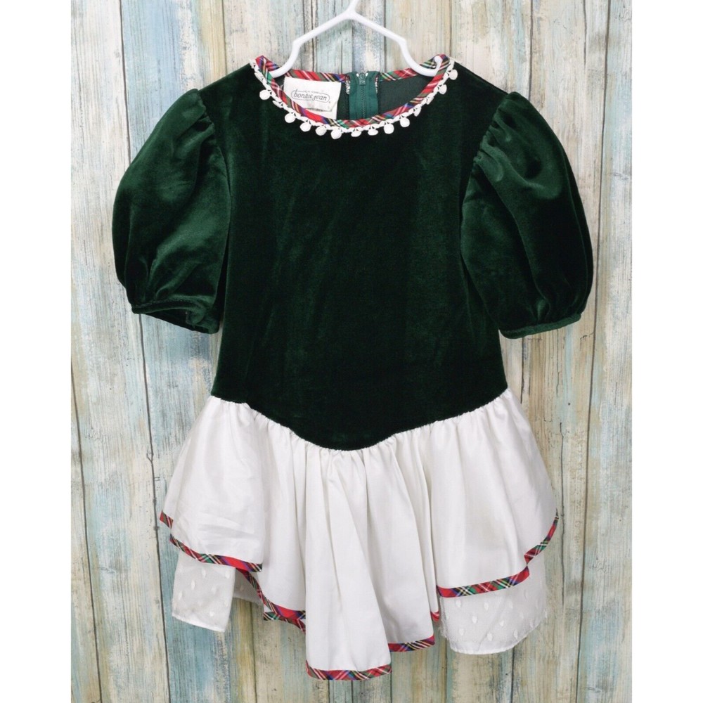 Vintage Bonnie Jean Green Velvet Layered Dress Size 4 Toddler
